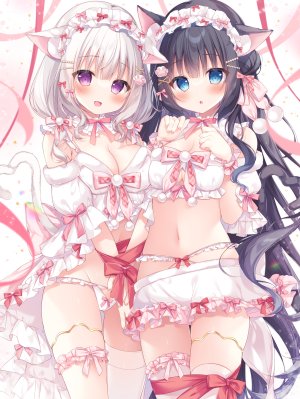 原创,白生もち,兽耳,黑发,碧眼,脸红,领结,breasts,猫耳,猫娘,猫尾,cleavage,包子頭,长发,视线正对,迷你短裙,開口,胖次,紫色眼,衬衫,短裙,笑顔,丝袜,下着,白发,白丝