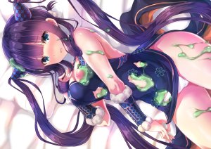 toenketsu,杨贵妃,Fate系列,Fate/Grand_Order,碧眼,脸红,露胸,汉服,cleavage,长发,nipples,胖次,紫发,爆衣,双马尾,下着