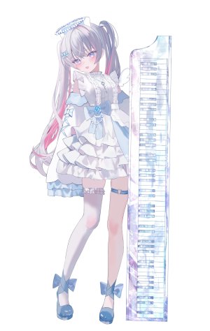 音ノ羽萌,独立虚拟YouTuber,moemoepiano,碧眼,脸红,连衣裙,灰发,光晕,乐器,长发,视线正对,粉发,缎带,single,丝袜,双马尾,超长发,Vtuber,白背景,白丝