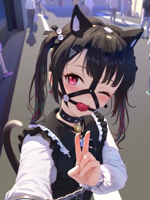 原创,tokinohimitsu,长发,長身像,视线正对,前发,脸红,黑发,双马尾,兽耳,直刘海,挤眼,猫娘,猫尾,少女,铃,口塞