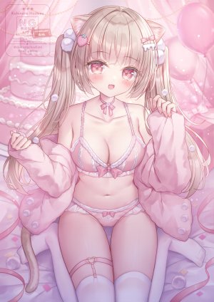 原创,小日向ほしみ,兽耳,露肩,脸红,bra,breasts,茶发,猫耳,猫娘,猫尾,cleavage,长发,视线正对,露脐,開口,胖次,坐姿,笑顔,single,丝袜,双马尾,下着,超长发,白丝