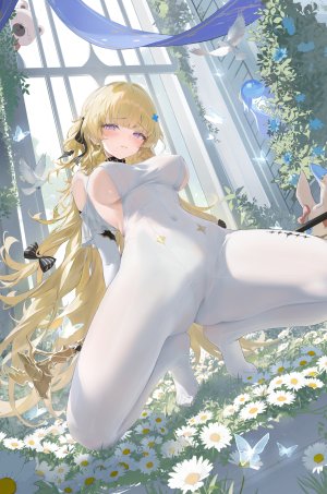 鸣潮,haku89,金发,脸红,Bodysuit,breasts,发饰,holding,长发,视线正对,nopan,紫色眼,猫咪,single,张腿,超长发