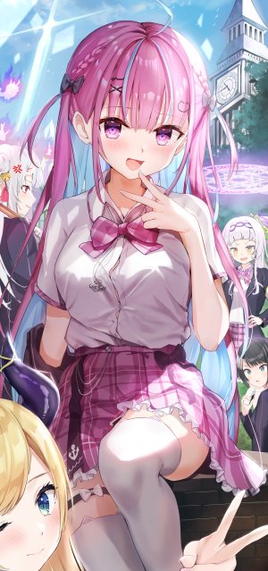 麦うさぎ,湊あくあ,紫咲シオン,百鬼菖蒲,大空スバル,癒月ちょこ,Hololive,garter,制服,掀裙,丝袜