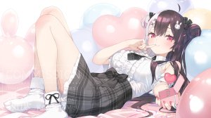 夜见蕾娜,Nijisanji,peko,露肩,黑发,breasts,双团子头,灰发,包子頭,发饰,holding,横臥,粉发,衬衫,短裙,笑顔,single,Vtuber,白背景