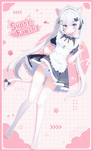 原创,小叶子Miv,呆毛,兽耳,围裙,碧眼,脸红,领结,breasts,猫耳,猫娘,猫尾,连衣裙,全身,灰发,发饰,耳机,长发,视线正对,女仆,张嘴,胖次,single,丝袜,双马尾,下着