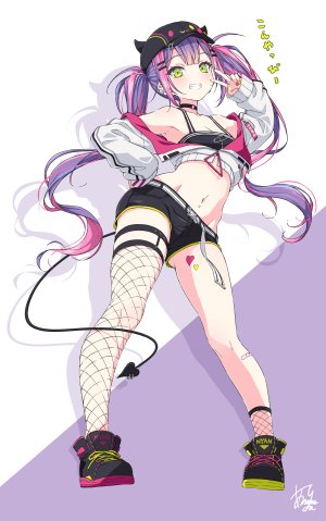 Vtuber,Hololive,常暗トワ,tokoyami_towa,asanaya,single,长发,長身像,视线正对,笑顔,白背景,双马尾,绿色眼,粉发,全身,紫发,阴影,少女,丝袜,项圈,创可贴