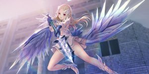 森崎アレシア_優,岸田メル,金发,连衣裙,游戏CG,手套,发饰,holding,魔法少女,開口,彩虹,红色眼,single,weapon,翅膀