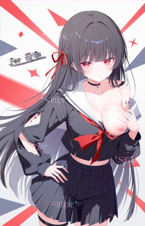 千咲,鸣潮,小叶子Miv,黑发,breasts,项圈,长发,长袖,视线正对,nipples,褶皱裙,红色眼,缎带,学校制服,水手服,衬衫,短裙,single,白背景