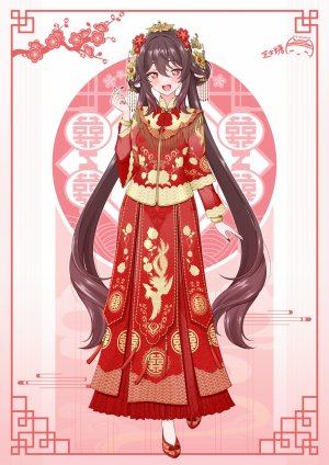 胡桃,原神,ppshex,脸红,手镯,茶发,汉服,皇冠,全身,发饰,长发,长袖,视线正对,開口,红色眼,短裙,笑顔,single,超长发,白背景