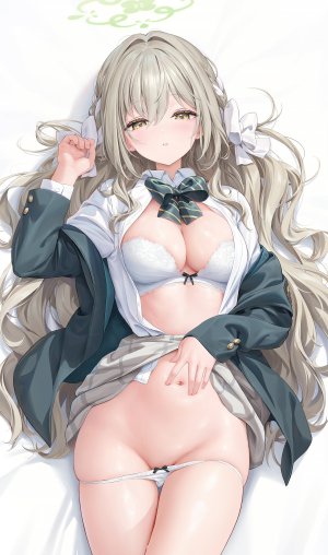 ほうき星,蔚蓝档案,樱井美代,脸红,bra,breasts,茶发,cleavage,光晕,长发,长袖,视线正对,横臥,露脐,开衫,胖次,panty_pull,衬衫,single,下着,超长发