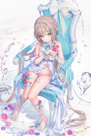 原创,momoko,ほうき星,single,長身像,视线正对,前发,脸红,breasts,茶发,坐姿,绿色眼,cleavage,全身,超长发,少女,发饰,下着,胖次