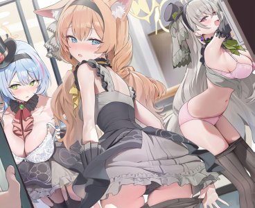 伊落玛丽,蒼森ミネ,蔚蓝档案,houraku,兽耳,碧眼,青发,脸红,bra,breasts,猫耳,猫娘,绿色眼,灰发,光晕,长发,露脐,開口,胖次,裤袜,粉发,POV,双马尾,下着