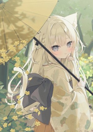 原创,hoshi,兽耳,脸红,三股辫,猫耳,猫娘,猫尾,holding,和服,长发,长袖,视线正对,オビ,短裙,single,雨伞,超长发,白发