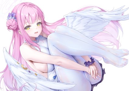 聖園ミカ,蔚蓝档案,xfate,breasts,连衣裙,包子頭,光晕,长发,视线正对,裤袜,粉发,坐姿,笑顔,single,超长发,白背景,翅膀,黄色眼