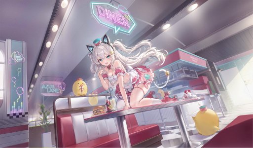 碧蓝航线,Manjuu,哈曼,hammann_ii,single,脸红,breasts,開口,兽耳,cleavage,全身,猫耳,猫娘,猫尾,少女,铃,围裙,ハンバーガー