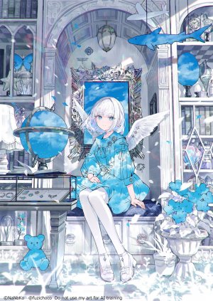 原创,藤ちょこ,碧眼,breasts,蝴蝶,连衣裙,灯笼,裤袜,短发,白发,翅膀,貧乳