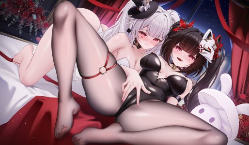 崩坏：星穹铁道,honkai,花火,sparxie,玲殿下,长发,视线正对,前发,脸红,breasts,黑发,双马尾,cleavage,银发,直刘海,张腿,cameltoe,少女,裤袜,铃,仮面