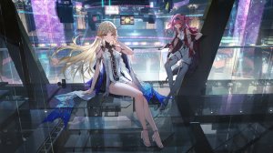 鸣潮,swd3e2,盔甲,露肩,金发,碧眼,Bodysuit,breasts,项圈,连衣裙,长发,视线正对,项链,粉发,尖耳,坐姿,笑顔,超长发