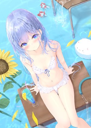 香風智乃,tippy,请问您今天要来点兔子吗?,ふぇありぃあい,动物,兽耳,露肩,水着,碧眼,青发,脸红,breasts,发饰,长发,视线正对,露脐,花瓣,笑顔,泳装,超长发