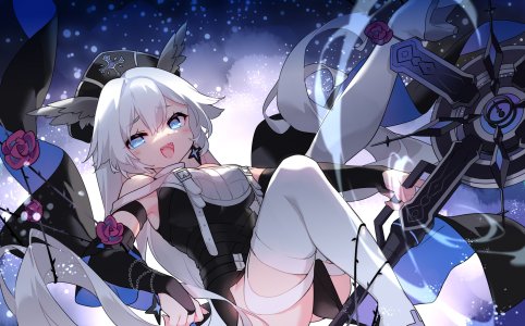 higan:_eruthyll,saru,露肩,碧眼,breasts,锁链,cross,连衣裙,holding,长发,视线正对,rose,衬衫,笑顔,single,白发