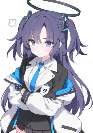 早濑优香,蔚蓝档案,jyt,脸红,breasts,手套,光晕,长发,长袖,迷你短裙,紫色眼,紫发,衬衫,短裙,single,白背景