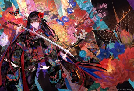 原创,藤ちょこ,黑发,蝴蝶,樱花,holding,和服,长发,长袖,视线正对,仮面,红色眼,single,剑,weapon