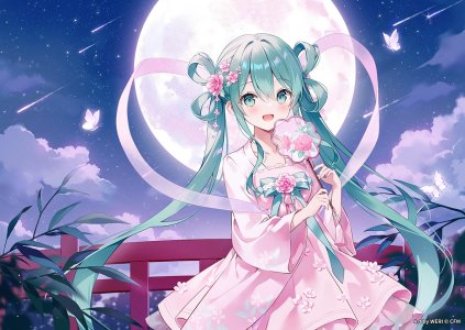 初音ミク,newdays,VOCALOID,weri,脸红,breasts,蝴蝶,连衣裙,发饰,holding,长发,长袖,视线正对,開口,天空,笑顔,single,双马尾,超长发
