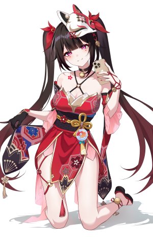 崩坏：星穹铁道,honkai,花火,yuuichi_yuiko,single,长发,長身像,视线正对,脸红,前发,breasts,笑顔,茶发,白背景,双马尾,露肩,holding,cleavage,全身,直刘海,阴影,跪姿,少女,手套,铃,オビ
