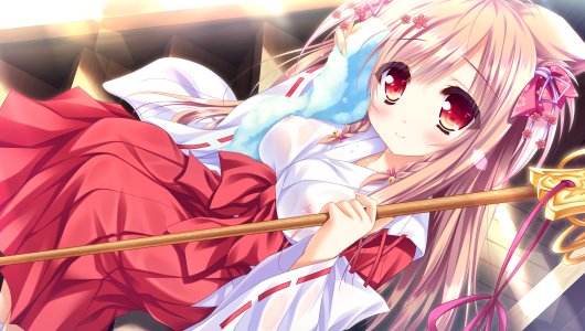 萌木原ふみたけ,泉戸こはく,方糖社,タユタマ,游魂2,兽耳,妖狐,巫女,nipples,No-Bra,看穿,毛巾,weapon,湿身