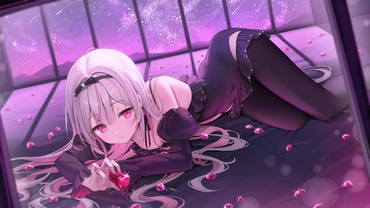 原创,rangu,视线正对,横臥,粉发,single,白发