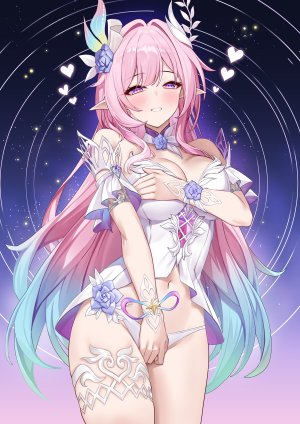 崩坏：星穹铁道,honkai,cyrene,kkkula,single,长发,長身像,前发,脸红,breasts,紫色眼,cleavage,粉发,直刘海,尖耳,少女,露脐,发饰,下着,胖次