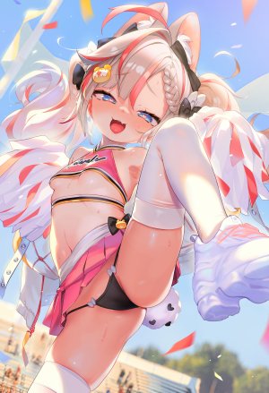 原创,henreader,呆毛,兽耳,碧眼,脸红,三股辫,breasts,cameltoe,啦啦队,长发,视线正对,露脐,開口,胖次,褶皱裙,衬衫,短裙,笑顔,single,张腿,丝袜,双马尾,下着,白发,白丝