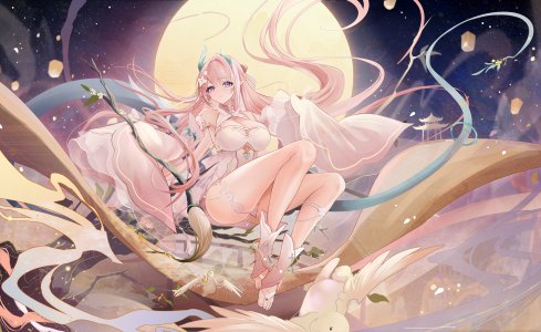 原创,banchiyuebai,露肩,breasts,cleavage,连衣裙,全身,发饰,灯笼,长发,长袖,粉发,尖耳,紫色眼,天空,single,超长发