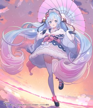 初音ミク,雪ミク,雪ミク2023,雪未来,VOCALOID,Tam-U,脸红,领结,全身,手套,发饰,holding,和服,长发,长袖,视线正对,開口,粉发,笑顔,single,丝袜,双马尾,雨伞,超长发