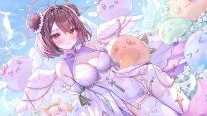 vdonburi,alllisso,脸红,breasts,茶发,cleavage,双团子头,连衣裙,羽毛,手套,包子頭,发饰,光晕,holding,挤眼,阴影,短发,丝袜,Vtuber,白丝,翅膀