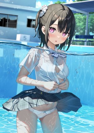 雫,原创,kantoku,黑发,脸红,领结,bra,breasts,泡泡,发饰,视线正对,露脐,胖次,粉发,学校制服,衬衫,短发,短裙,掀裙,single,下着,湿身