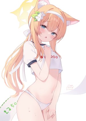 rucaco,伊落玛丽,蔚蓝档案,兽耳,碧眼,脸红,猫耳,发饰,光晕,长发,视线正对,露脐,開口,胖次,衬衫,single,下着,白背景