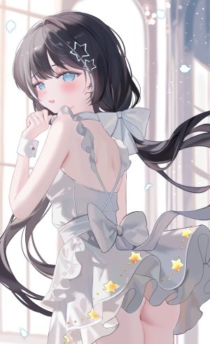 iriam,moemoepiano,黑发,碧眼,脸红,项圈,连衣裙,发饰,长发,视线正对,開口,花瓣,马尾辫,缎带,笑顔,Vtuber