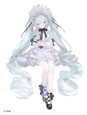 初音ミク,VOCALOID,おにねこ,脸红,花束,连衣裙,holding,长发,视线正对,缎带,坐姿,single,双马尾,超长发,白背景