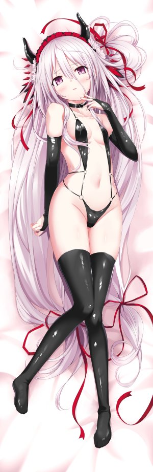 farushu_lamia_valentine,ゴスデリ,cura,黑丝,breasts,项圈,長手袋,全身,手套,发饰,长发,横臥,胖次,紫色眼,缎带,single,丝袜,下着,超长发,白发