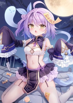 原创,retsuto,呆毛,露肩,breasts,cleavage,幽魂,包子頭,长袖,视线正对,迷你短裙,露脐,開口,紫发,衬衫,短发,坐姿,短裙,single,丝袜,白丝,黄色眼,絶対領域