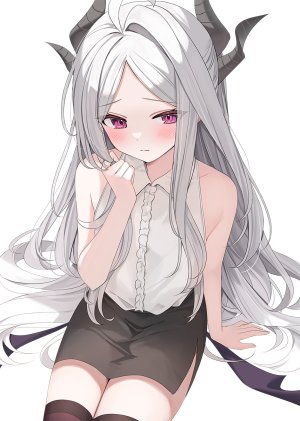 空崎ヒナ,蔚蓝档案,yon,露肩,黑丝,脸红,恶魔娘,灰发,holding,长发,紫色眼,衬衫,坐姿,短裙,single,丝袜,超长发,白背景,翅膀,絶対領域