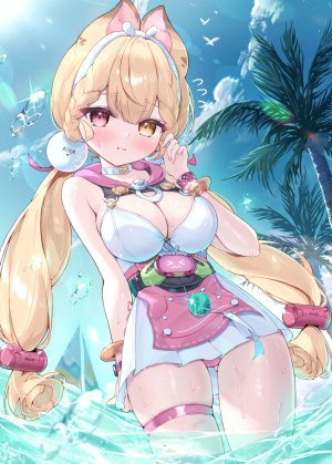 爱丽丝·泰姆菲尔德,绝区零,緑風マルト,兽耳,金发,breasts,cleavage,视线正对,天空,single,泳装,双马尾,黄色眼