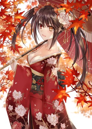 时崎狂三,DATE·A·LIVE,asle,黑发,breasts,cleavage,异色瞳,holding,和服,leaf,长发,长袖,オビ,開口,红色眼,笑顔,single,双马尾,雨伞,白背景,黄色眼