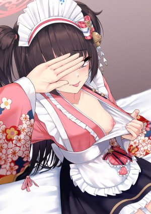 慧瀬。,河和静子,蔚蓝档案,breasts,光晕,萝莉,女仆,nipples,No-Bra,开衫,脱衣,和服女仆