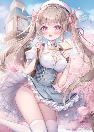 nowsicaa_,原创,小日向ほしみ,金发,脸红,breasts,cleavage,连衣裙,发饰,长发,视线正对,開口,胖次,粉发,紫色眼,缎带,single,丝袜,双马尾,下着,超长发,露点,白丝,风