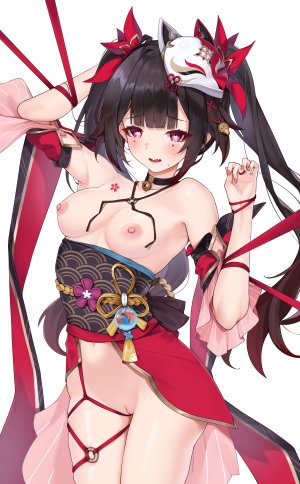 崩坏：星穹铁道,honkai,花火,matrix16,single,长发,長身像,视线正对,前发,脸红,breasts,黑发,笑顔,白背景,nipples,直刘海,猫咪,No-Bra,erect_nipples,uncensored,nopan,少女,铃,オビ,仮面