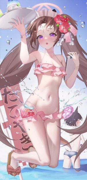 久田伊兹娜,河和シズコ,蔚蓝档案,dodari,兽耳,水着,脸红,手镯,breasts,茶发,cameltoe,cleavage,发饰,光晕,holding,长发,マイクロビキニ,露脐,開口,紫色眼,短发,泳装,双马尾,超长发