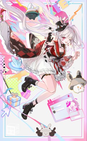 花火,崩坏：星穹铁道,issign,三股辫,全身,手套,长发,长袖,视线正对,挤眼,開口,短裙,笑顔,single,闪烁,双马尾,超长发,白发