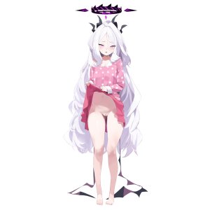 smewed,空崎日奈,蔚蓝档案,脸红,bottomless,恶魔娘,全身,光晕,萝莉,长发,长袖,视线正对,露脐,睡衣,紫色眼,猫咪,single,白发